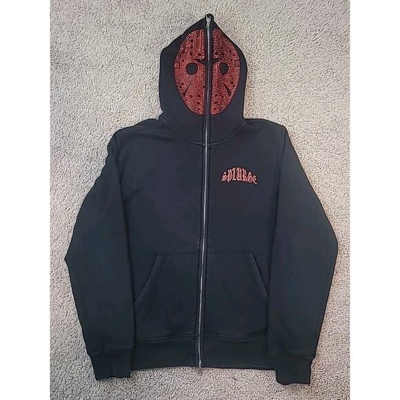 Splurge On X Black Hoodie – Red Rhinestone Hockey Mask – Rare Anime S EUC - Picture 2 of 10